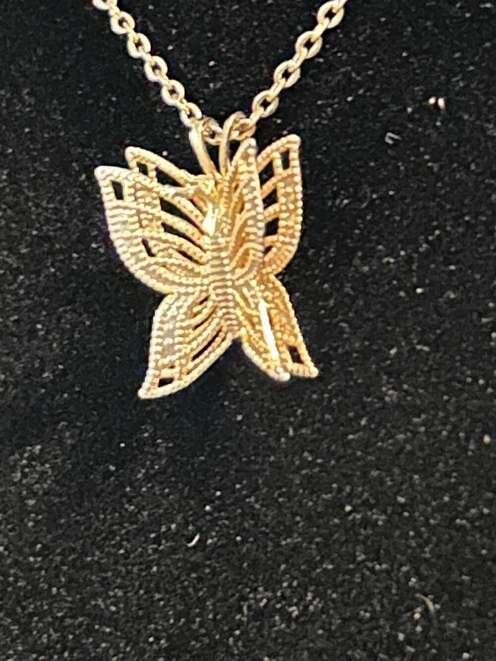 Dainty Gold Tone Filigree Butterfly Pendant Necklace 16 Inch Chain
